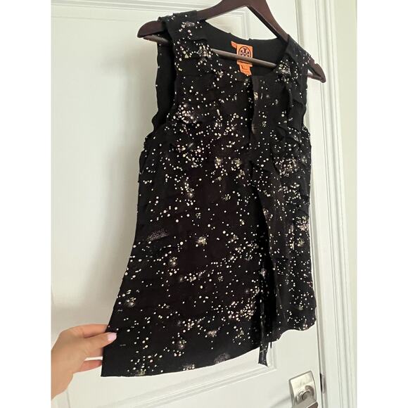 Tory Burch Silk Layered Ruffled Lea Black Stars Blouse Size 8 - Picture 4 of 7